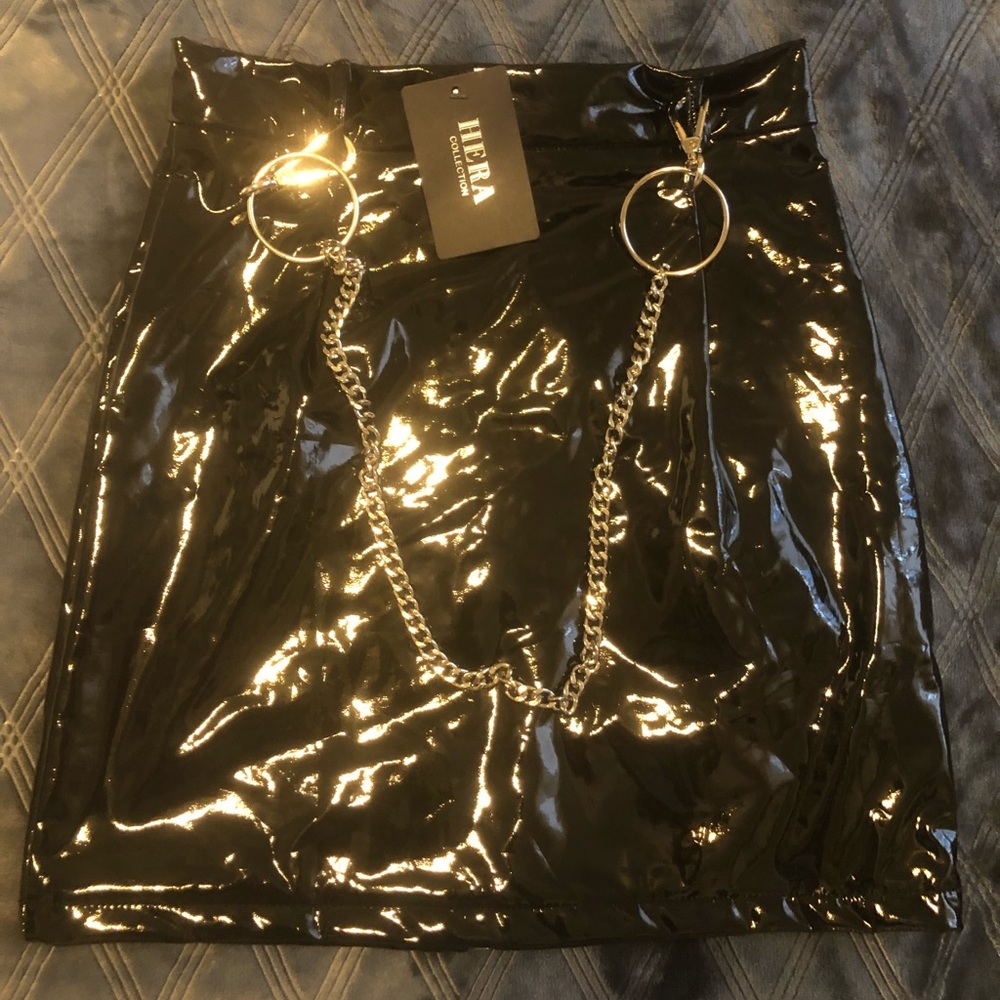 Black patent mini skirt
